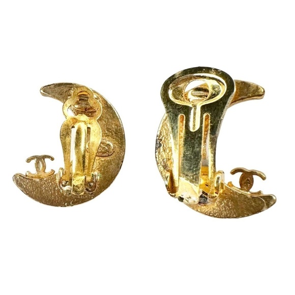 RARE Authentic CHANEL Gold & Black Crystal Crescent Moon CC Clip On Earrings - Picture 13 of 16